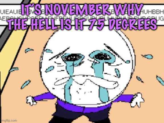 Protagonist crying | IT’S NOVEMBER WHY THE HELL IS IT 75 DEGREES | image tagged in protagonist crying | made w/ Imgflip meme maker