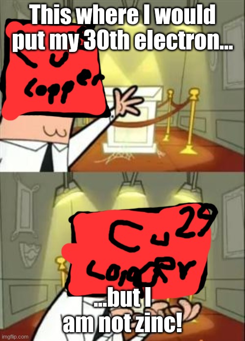 Copper has 29 elctrons | This where I would put my 30th electron... ...but I am not zinc! | image tagged in memes,this is where i'd put my trophy if i had one,periodic table | made w/ Imgflip meme maker