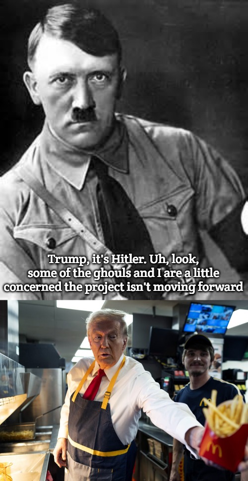 McDonald's Trump | Trump, it's Hitler. Uh, look, some of the ghouls and I are a little concerned the project isn't moving forward | image tagged in adolf hitler,slavic | made w/ Imgflip meme maker