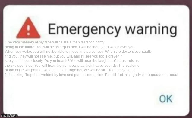 Emergency Warning | The very memory of my face will cause a manifestation of my being in the future. You will be asleep in bed. I will be there, and watch over you. When you wake, you will not be able to move any part of you. When the doctors eventually find you, they will not see me, but you will, and I'll see you too. Forever, I'll see you. 	Listen closely. Do you hear it? You will hear the laughter of thousands as the sky opens up. You will hear the trumpets play their happy sounds. The scalding blood of life will pour down onto us all. Together, we will be still. Together, a feast fit for a king. Together, welded by love and purest connection. Be still. Let thisihgadvsiuuuuuuuuuuuuuuuul | image tagged in emergency warning | made w/ Imgflip meme maker