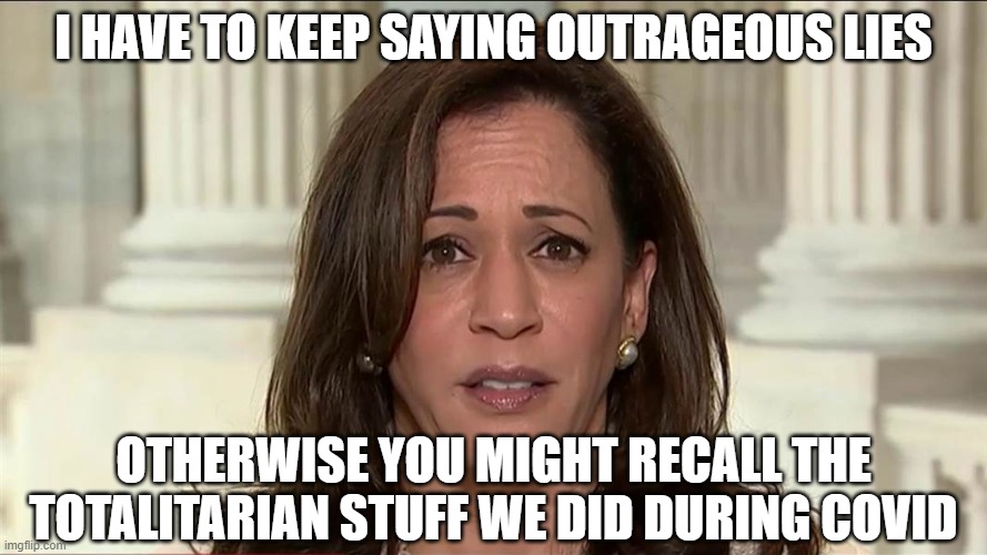 kamala harris | I HAVE TO KEEP SAYING OUTRAGEOUS LIES; OTHERWISE YOU MIGHT RECALL THE TOTALITARIAN STUFF WE DID DURING COVID | image tagged in kamala harris | made w/ Imgflip meme maker