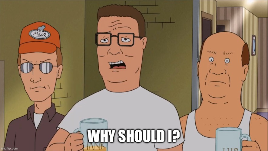 Hank Hill Why | WHY SHOULD I? | image tagged in hank hill why | made w/ Imgflip meme maker