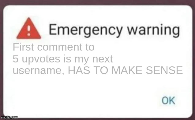 Emergency Warning | First comment to 5 upvotes is my next username, HAS TO MAKE SENSE | image tagged in emergency warning | made w/ Imgflip meme maker