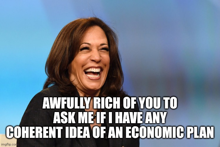 Kamala laughs all the time when you ask her anything but she laughs even harder when you ask her of her plan | AWFULLY RICH OF YOU TO ASK ME IF I HAVE ANY COHERENT IDEA OF AN ECONOMIC PLAN | image tagged in kamala harris laughing,democrats,incompetence,stupidity | made w/ Imgflip meme maker