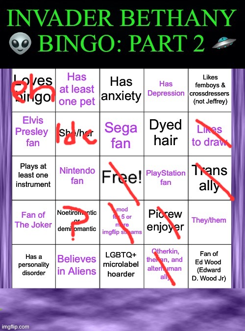 InvaderBethany Bingo: Part 2 | image tagged in invaderbethany bingo part 2 | made w/ Imgflip meme maker