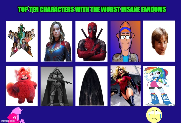 top 10 characters with the worst insane fandoms | TOP TEN CHARACTERS WITH THE WORST INSANE FANDOMS | image tagged in top 10 characters that i wish to help,fandoms,marvel comics,star wars,hamilton,insane | made w/ Imgflip meme maker