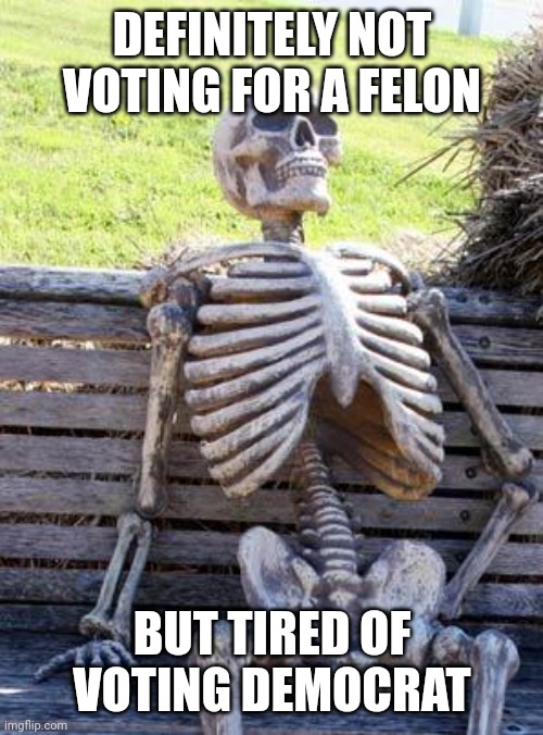 Waiting Skeleton | DEFINITELY NOT VOTING FOR A FELON; BUT TIRED OF VOTING DEMOCRAT | image tagged in memes,waiting skeleton,democrats,voting,dead people | made w/ Imgflip meme maker