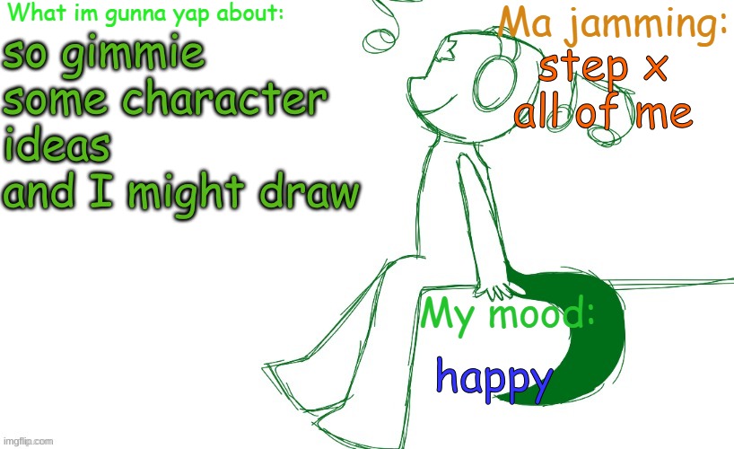 Leaf's ES announcement template | so gimmie some character ideas and I might draw; step x all of me; happy | image tagged in leaf's es announcement template | made w/ Imgflip meme maker
