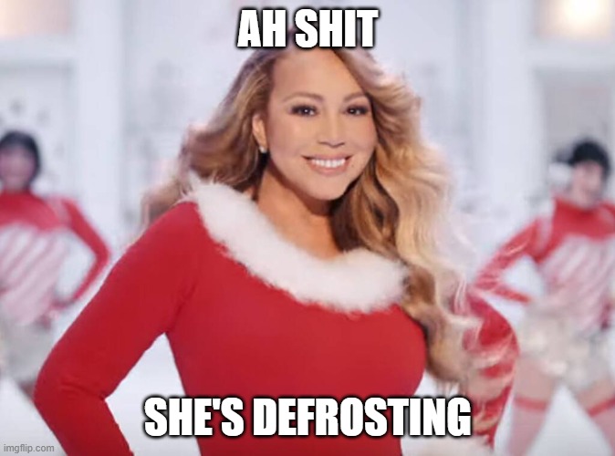 Run for your lives! | AH SHIT; SHE'S DEFROSTING | image tagged in mariah carey all i want for christmas is you,christmas,november,mariah carey,defrosting | made w/ Imgflip meme maker