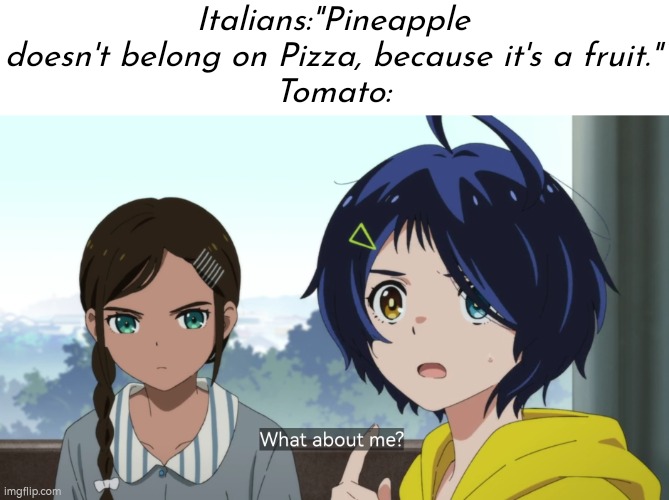 I'm honestly curious about the Tomato in Pizza. | Italians:"Pineapple doesn't belong on Pizza, because it's a fruit."
Tomato: | image tagged in pizza,tomato | made w/ Imgflip meme maker