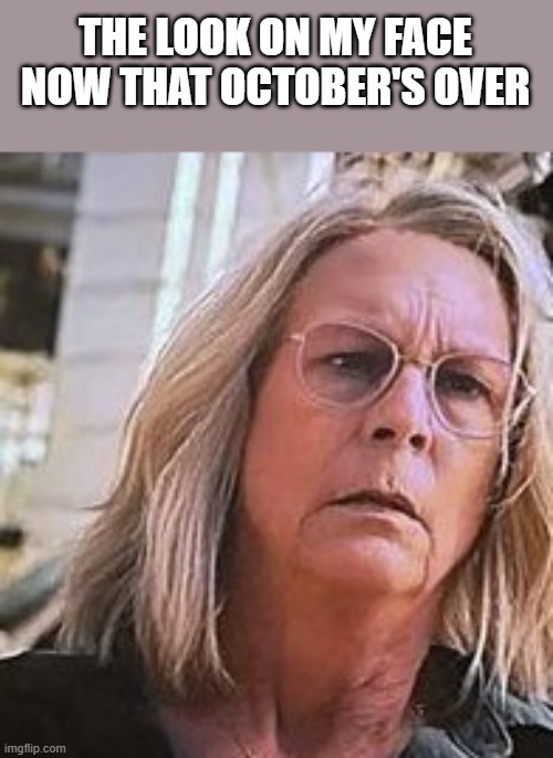 The Look On My Face Now That October's Over | THE LOOK ON MY FACE NOW THAT OCTOBER'S OVER | image tagged in the look on my face,october,halloween,jamie lee curtis,funny,memes | made w/ Imgflip meme maker