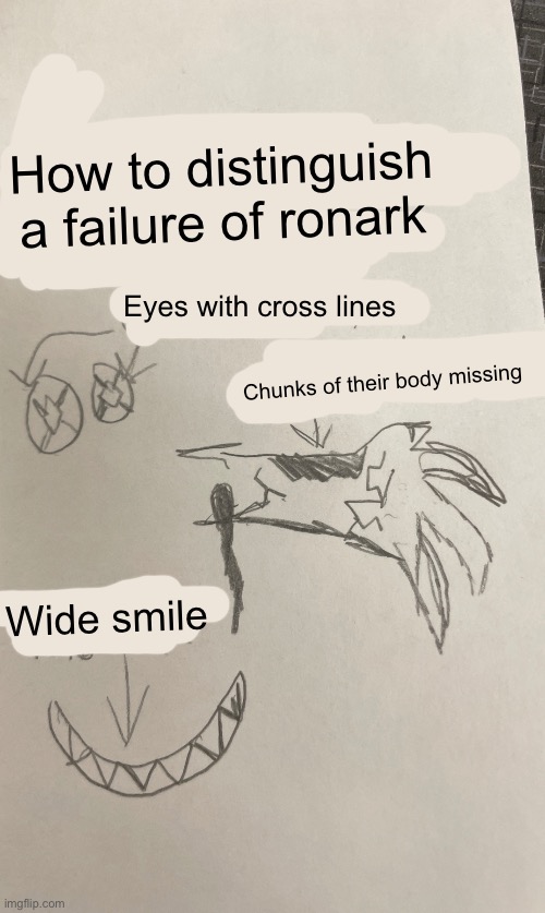 How to distinguish a failure of ronark; Eyes with cross lines; Chunks of their body missing; Wide smile | made w/ Imgflip meme maker