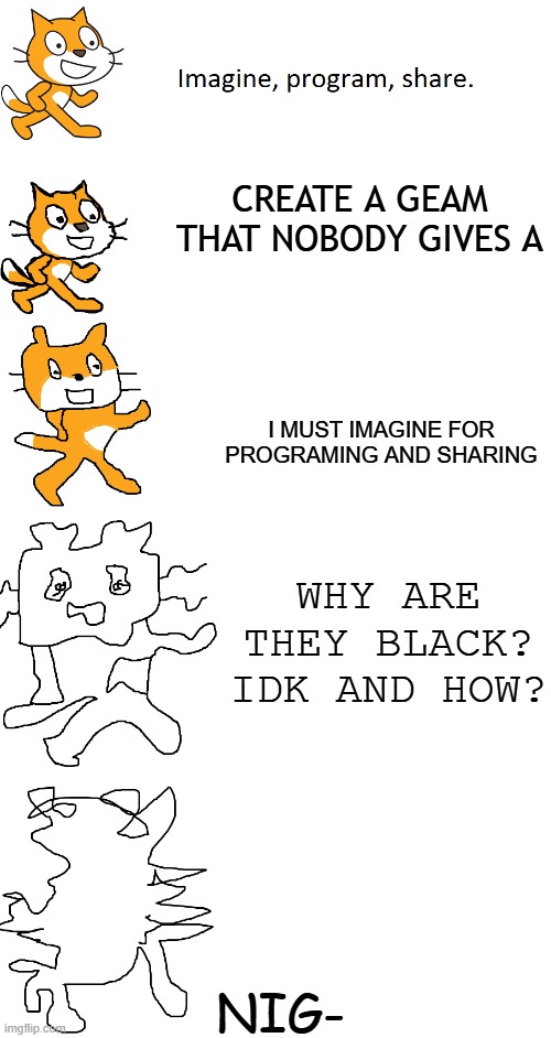 Increasingly Verbose: Scratch | CREATE A GEAM THAT NOBODY GIVES A; I MUST IMAGINE FOR PROGRAMING AND SHARING; WHY ARE THEY BLACK? IDK AND HOW? NIG- | image tagged in increasingly verbose scratch | made w/ Imgflip meme maker