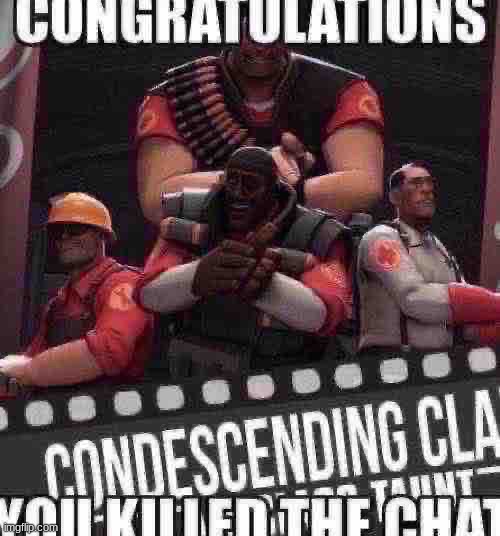 Congratulations, you killed the chat | image tagged in congratulations you killed the chat | made w/ Imgflip meme maker