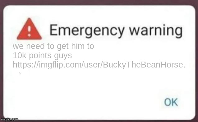 Emergency Warning | we need to get him to 10k points guys https://imgflip.com/user/BuckyTheBeanHorse. | image tagged in emergency warning | made w/ Imgflip meme maker