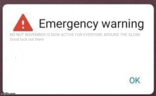 Emergency Warning | NO NUT NOVEMBER IS NOW ACTIVE FOR EVERYONE AROUND THE GLOBE
Good luck out there | image tagged in emergency warning | made w/ Imgflip meme maker