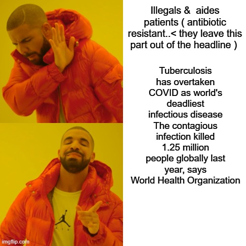 Germ  & Virus factories, do not read unless you can handle truth. | Illegals &  aides patients ( antibiotic resistant..< they leave this part out of the headline ); Tuberculosis has overtaken COVID as world's deadliest infectious disease
The contagious infection killed 1.25 million people globally last year, says World Health Organization | image tagged in memes,drake hotline bling | made w/ Imgflip meme maker