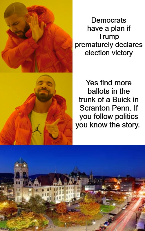 Dems have stolen ellections for decades, they're just mad because thier getting caught.itsTradition in Illinoise | Democrats have a plan if Trump prematurely declares election victory; Yes find more ballots in the trunk of a Buick in Scranton Penn. If you follow politics you know the story. | image tagged in memes,drake hotline bling | made w/ Imgflip meme maker