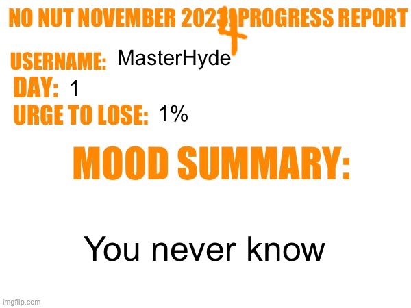 No Nut November 2023 Progress Report | MasterHyde; 1; 1%; You never know | image tagged in no nut november 2023 progress report | made w/ Imgflip meme maker