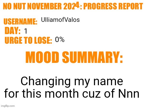 No Nut November 2023 Progress Report | 4; UlliamofValos; 1; 0%; Changing my name for this month cuz of Nnn | image tagged in no nut november 2023 progress report | made w/ Imgflip meme maker