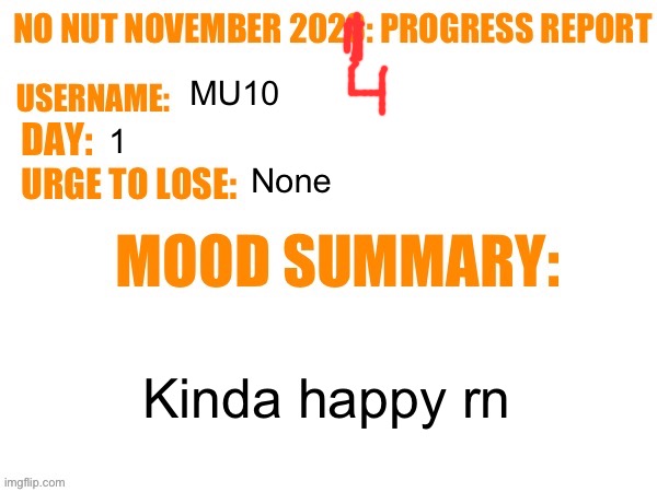 No Nut November 2023 Progress Report | MU10; 1; None; Kinda happy rn | image tagged in no nut november 2023 progress report | made w/ Imgflip meme maker