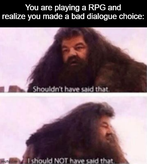 Shouldn't have said that | You are playing a RPG and realize you made a bad dialogue choice: | image tagged in shouldn't have said that,gaming,rpg | made w/ Imgflip meme maker