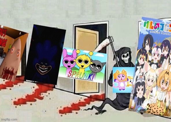 NOOO! We have to stop them before it is too late! | image tagged in grim reaper 4 doors,lankybox,bous revenge,shin sonic,sprunki,kemono friends | made w/ Imgflip meme maker