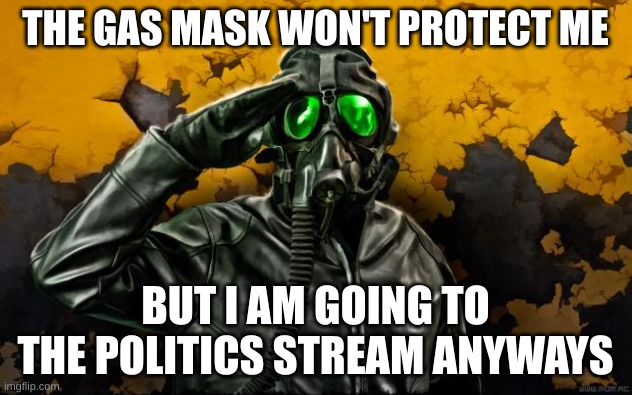 Gas mask soldier | THE GAS MASK WON'T PROTECT ME; BUT I AM GOING TO THE POLITICS STREAM ANYWAYS | image tagged in gas mask soldier | made w/ Imgflip meme maker