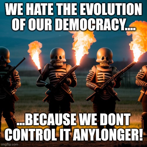 MAGA simplified! | WE HATE THE EVOLUTION OF OUR DEMOCRACY.... ...BECAUSE WE DONT CONTROL IT ANYLONGER! | image tagged in next gen maga stromtrooper | made w/ Imgflip meme maker