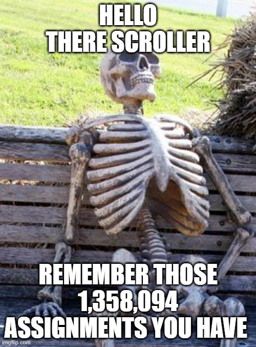 Waiting Skeleton | HELLO THERE SCROLLER; REMEMBER THOSE 1,358,094 ASSIGNMENTS YOU HAVE | image tagged in memes,waiting skeleton,school,fun,true | made w/ Imgflip meme maker