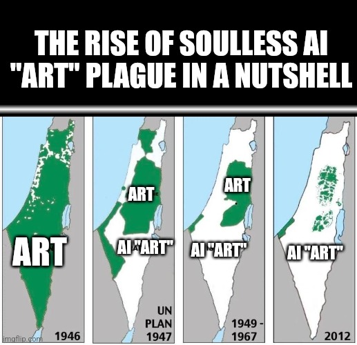 THE RISE OF SOULLESS AI "ART" PLAGUE IN A NUTSHELL; ART; ART; ART; AI "ART"; AI "ART"; AI "ART" | made w/ Imgflip meme maker