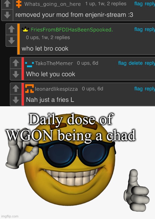 Daily dose of WGON being a chad | image tagged in cool guy emoji | made w/ Imgflip meme maker