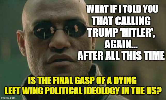 The System is Cracking | WHAT IF I TOLD YOU; THAT CALLING TRUMP 'HITLER',
AGAIN...
AFTER ALL THIS TIME; IS THE FINAL GASP OF A DYING 
LEFT WING POLITICAL IDEOLOGY IN THE US? | image tagged in memes,matrix morpheus | made w/ Imgflip meme maker