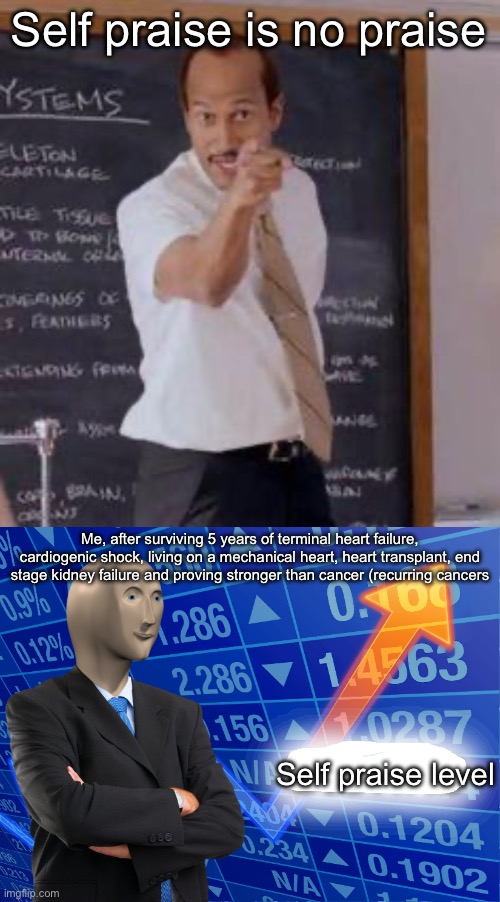 Self praise | Self praise is no praise; Me, after surviving 5 years of terminal heart failure, cardiogenic shock, living on a mechanical heart, heart transplant, end stage kidney failure and proving stronger than cancer (recurring cancers; Self praise level | image tagged in substitute teacher you done messed up a a ron,empty stonks,praise,cancer,dying | made w/ Imgflip meme maker