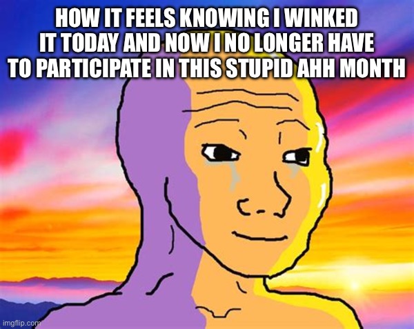 Sunset Wojak | HOW IT FEELS KNOWING I WINKED IT TODAY AND NOW I NO LONGER HAVE TO PARTICIPATE IN THIS STUPID AHH MONTH | image tagged in sunset wojak | made w/ Imgflip meme maker