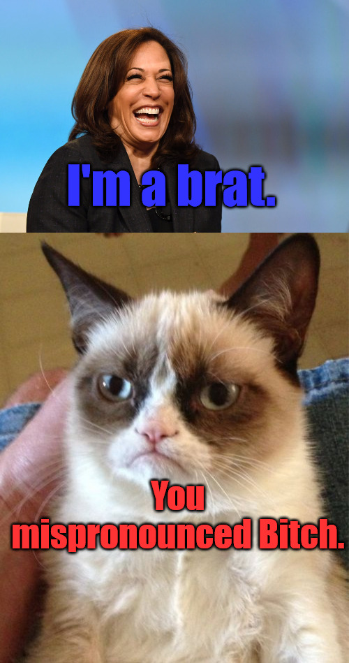 Brat Kamala | I'm a brat. You mispronounced Bitch. | image tagged in kamala harris laughing,memes,grumpy cat | made w/ Imgflip meme maker