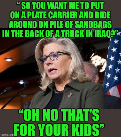 Yep | “ SO YOU WANT ME TO PUT ON A PLATE CARRIER AND RIDE AROUND ON PILE OF SANDBAGS IN THE BACK OF A TRUCK IN IRAQ?”; “OH NO THAT’S FOR YOUR KIDS” | image tagged in liz cheney | made w/ Imgflip meme maker