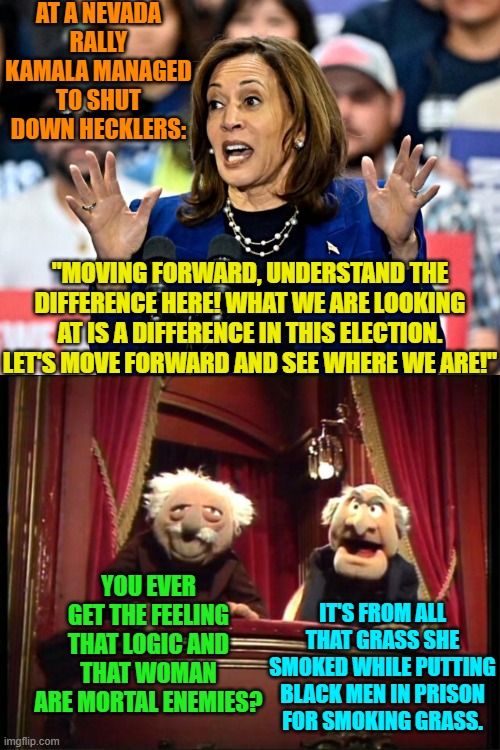 Just working theories. | AT A NEVADA RALLY KAMALA MANAGED TO SHUT DOWN HECKLERS:; "MOVING FORWARD, UNDERSTAND THE DIFFERENCE HERE! WHAT WE ARE LOOKING AT IS A DIFFERENCE IN THIS ELECTION. LET'S MOVE FORWARD AND SEE WHERE WE ARE!"; YOU EVER GET THE FEELING THAT LOGIC AND THAT WOMAN ARE MORTAL ENEMIES? IT'S FROM ALL THAT GRASS SHE SMOKED WHILE PUTTING BLACK MEN IN PRISON FOR SMOKING GRASS. | image tagged in yep | made w/ Imgflip meme maker