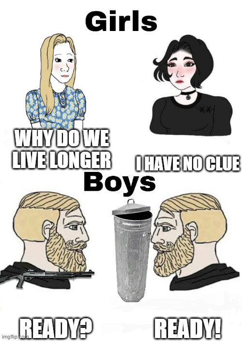 Boys are dumb | WHY DO WE LIVE LONGER; I HAVE NO CLUE; READY! READY? | image tagged in girls vs boys | made w/ Imgflip meme maker