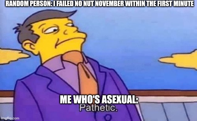 Happy NNN | RANDOM PERSON: I FAILED NO NUT NOVEMBER WITHIN THE FIRST MINUTE; ME WHO'S ASEXUAL: | image tagged in pathetic,asexual,lgbtq,no nut november | made w/ Imgflip meme maker