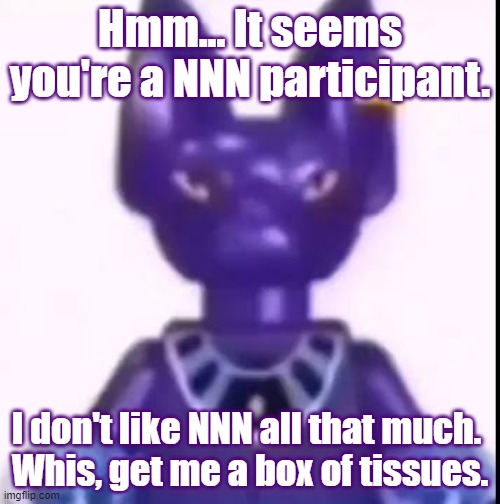 beerus | Hmm... It seems you're a NNN participant. I don't like NNN all that much. 
Whis, get me a box of tissues. | image tagged in beerus | made w/ Imgflip meme maker