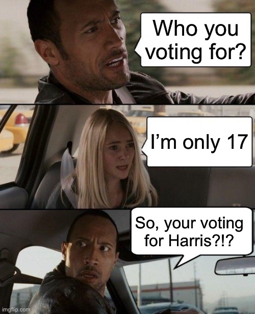 Dems don’t let little things like laws stop them | Who you voting for? I’m only 17; So, your voting for Harris?!? | image tagged in memes,the rock driving,vote,illegal | made w/ Imgflip meme maker