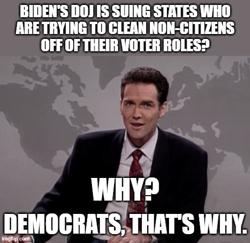 Another attempt, by the Democrats, to "destroy our democracy". | BIDEN'S DOJ IS SUING STATES WHO
ARE TRYING TO CLEAN NON-CITIZENS
OFF OF THEIR VOTER ROLES? WHY? DEMOCRATS, THAT'S WHY. | image tagged in democrats the most corrupt | made w/ Imgflip meme maker