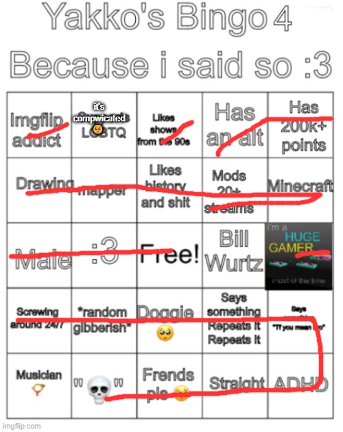 Yakko's bingo V4 | it's compwicated 🥺 | image tagged in yakko's bingo v4 | made w/ Imgflip meme maker