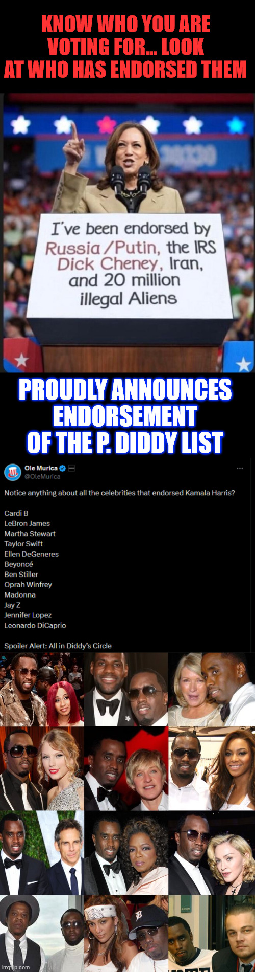 Know who you are voting for... Just check their endorsements | KNOW WHO YOU ARE VOTING FOR... LOOK AT WHO HAS ENDORSED THEM; PROUDLY ANNOUNCES ENDORSEMENT OF THE P. DIDDY LIST | image tagged in kamala harris,endorsed by entertainment industry pedos,warmongers,dictators,msm propaganda | made w/ Imgflip meme maker