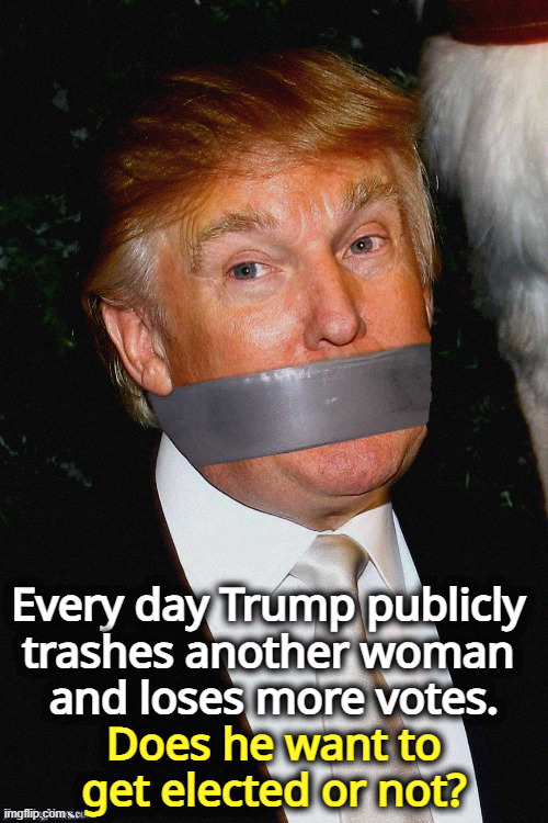 Every day Trump publicly 

trashes another woman 
and loses more votes. Does he want to get elected or not? | image tagged in trump,misogyny,hate,women,incompetence,idiocy | made w/ Imgflip meme maker