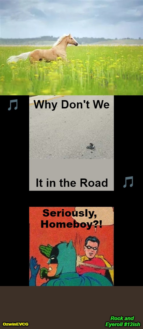 [V2] Rock and Eyeroll #12ish [V2] | Why Don't We; It in the Road; Seriously, 

Homeboy?! Rock and 

Eyeroll #12ish; OzwinEVCG | image tagged in horses,famous songs,silly,robin slaps batman,punning amok,pictures | made w/ Imgflip meme maker