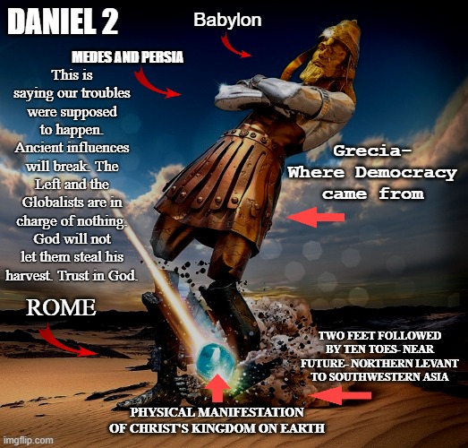 Daniel 2 Image Explained | Babylon; DANIEL 2; This is saying our troubles were supposed to happen. Ancient influences will break. The Left and the Globalists are in charge of nothing. God will not let them steal his harvest. Trust in God. MEDES AND PERSIA; Grecia-
Where Democracy came from; ROME; TWO FEET FOLLOWED BY TEN TOES- NEAR
FUTURE- NORTHERN LEVANT TO SOUTHWESTERN ASIA; PHYSICAL MANIFESTATION OF CHRIST'S KINGDOM ON EARTH | image tagged in bible,daniel 2 image,trust god | made w/ Imgflip meme maker