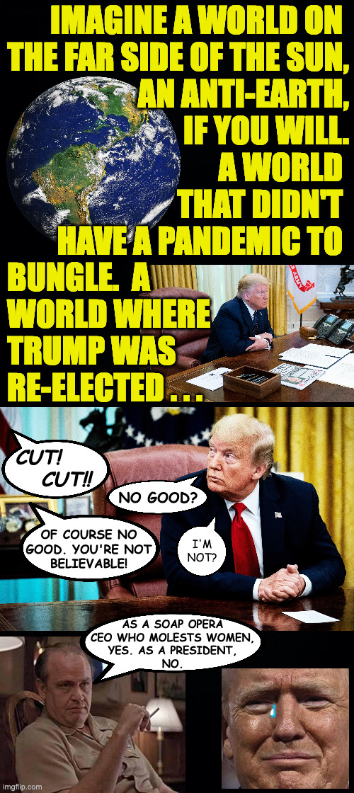 Couldn't cut it as President.  Can't cut it as a TV actor.  It's time to retire already. | IMAGINE A WORLD ON 
THE FAR SIDE OF THE SUN,
AN ANTI-EARTH,
IF YOU WILL.
A WORLD 
THAT DIDN'T 
HAVE A PANDEMIC TO; BUNGLE.  A
WORLD WHERE
TRUMP WAS
RE-ELECTED . . . CUT!
   CUT!! NO GOOD? OF COURSE NO
GOOD. YOU'RE NOT
BELIEVABLE! I'M NOT? AS A SOAP OPERA
CEO WHO MOLESTS WOMEN,
YES. AS A PRESIDENT,
NO. | image tagged in memes,day job,trash collector,fry cook,bad actor | made w/ Imgflip meme maker