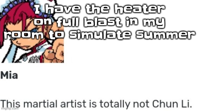 I NEED MORE WARM AND HUMID WEATHER IM A HUMAN FROG AAAAAA | I have the heater on full blast in my room to simulate summer | image tagged in british chun li | made w/ Imgflip meme maker